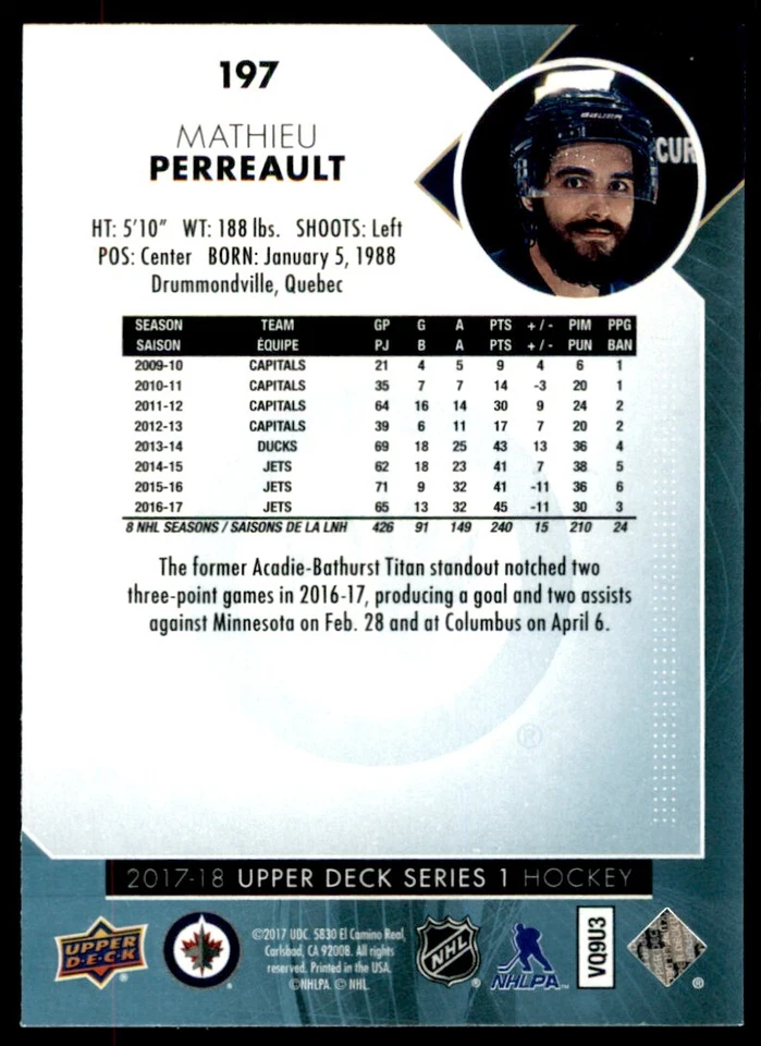 2017-18 Upper Deck Mathieu Perreault #197 - Image 2 of 2