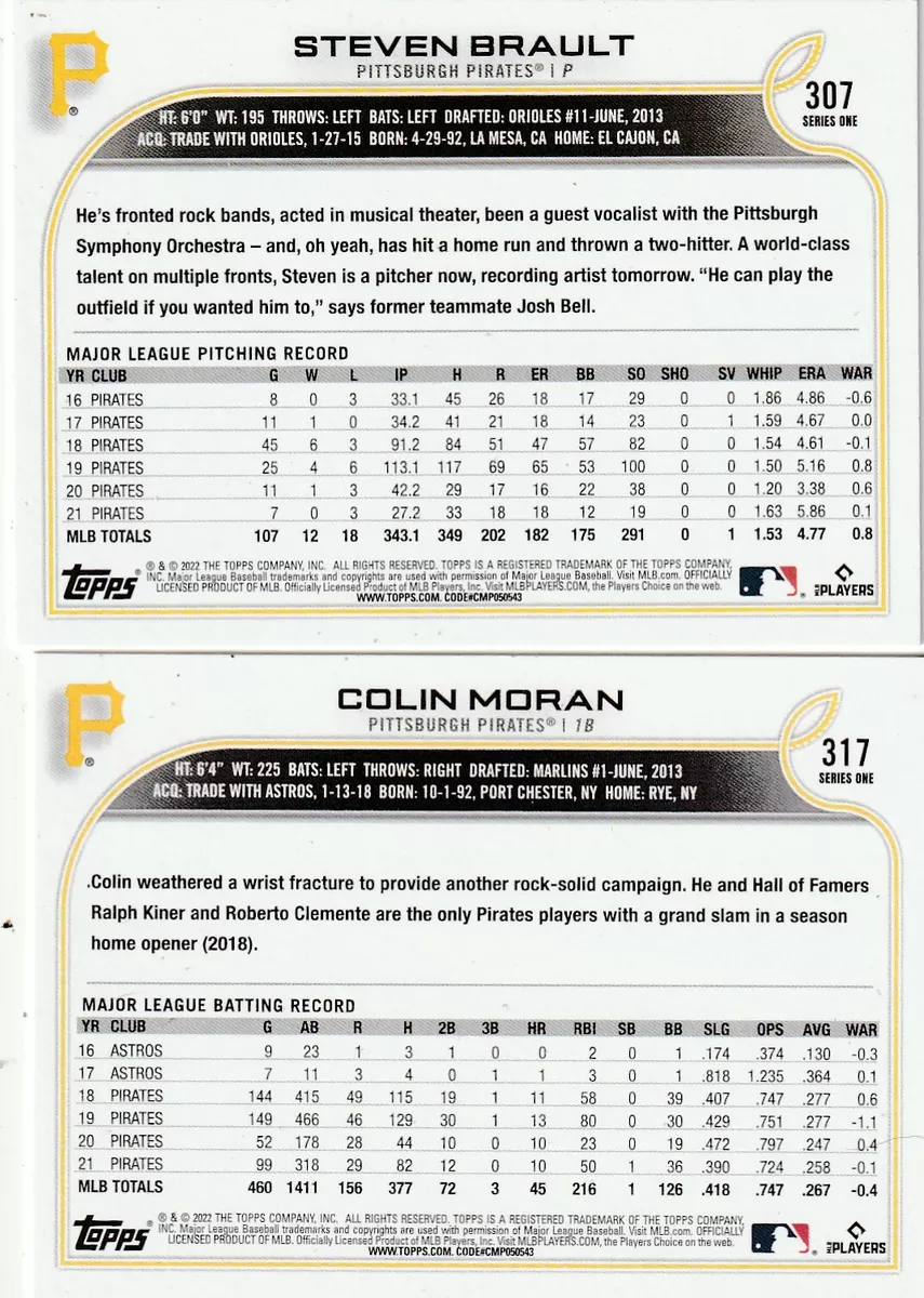 2022 Topps series i Steven Brault 307 & Colin Moran 317 Pittsburgh Pirates  Lot 2