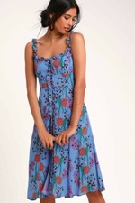 NWT ASTR Blended Floral Midi Button Crepe Dress Blue XS