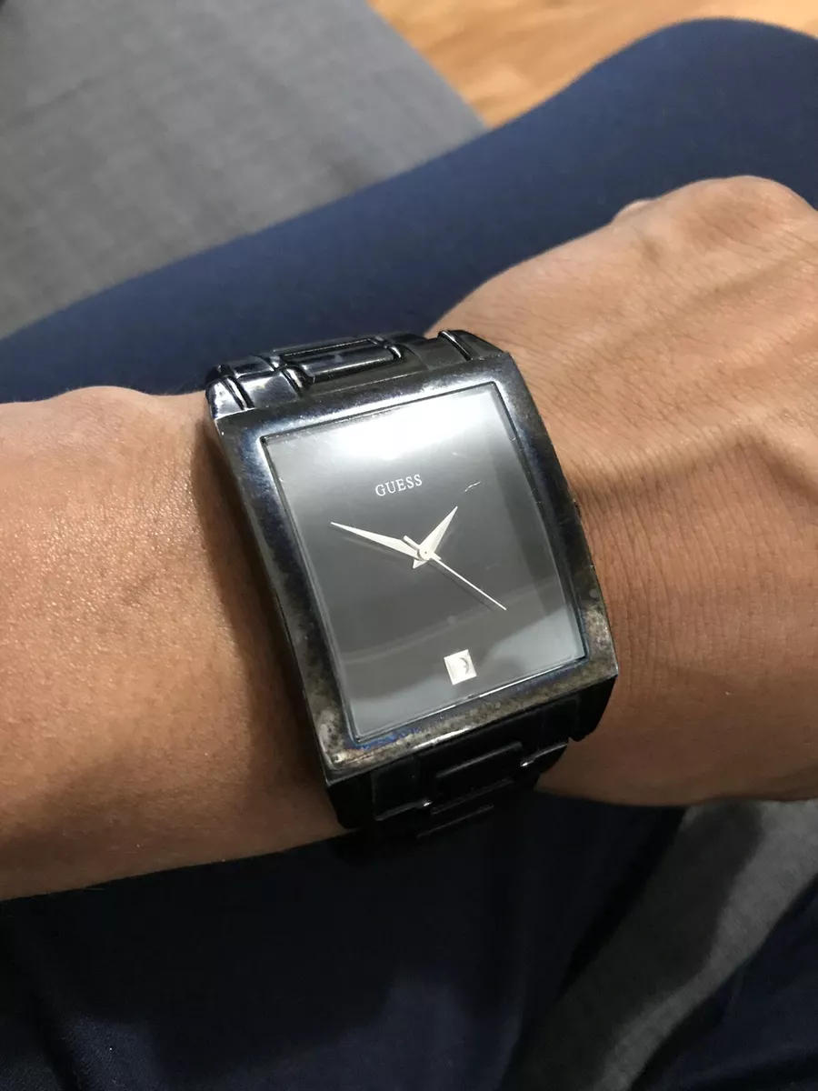 GUESS Classic Black Rectangular Steel Diamond Accented Watch