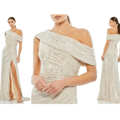 mac duggal asymmetrical gathered dress Sequined Asymmetrical Draped Trumpet Gown