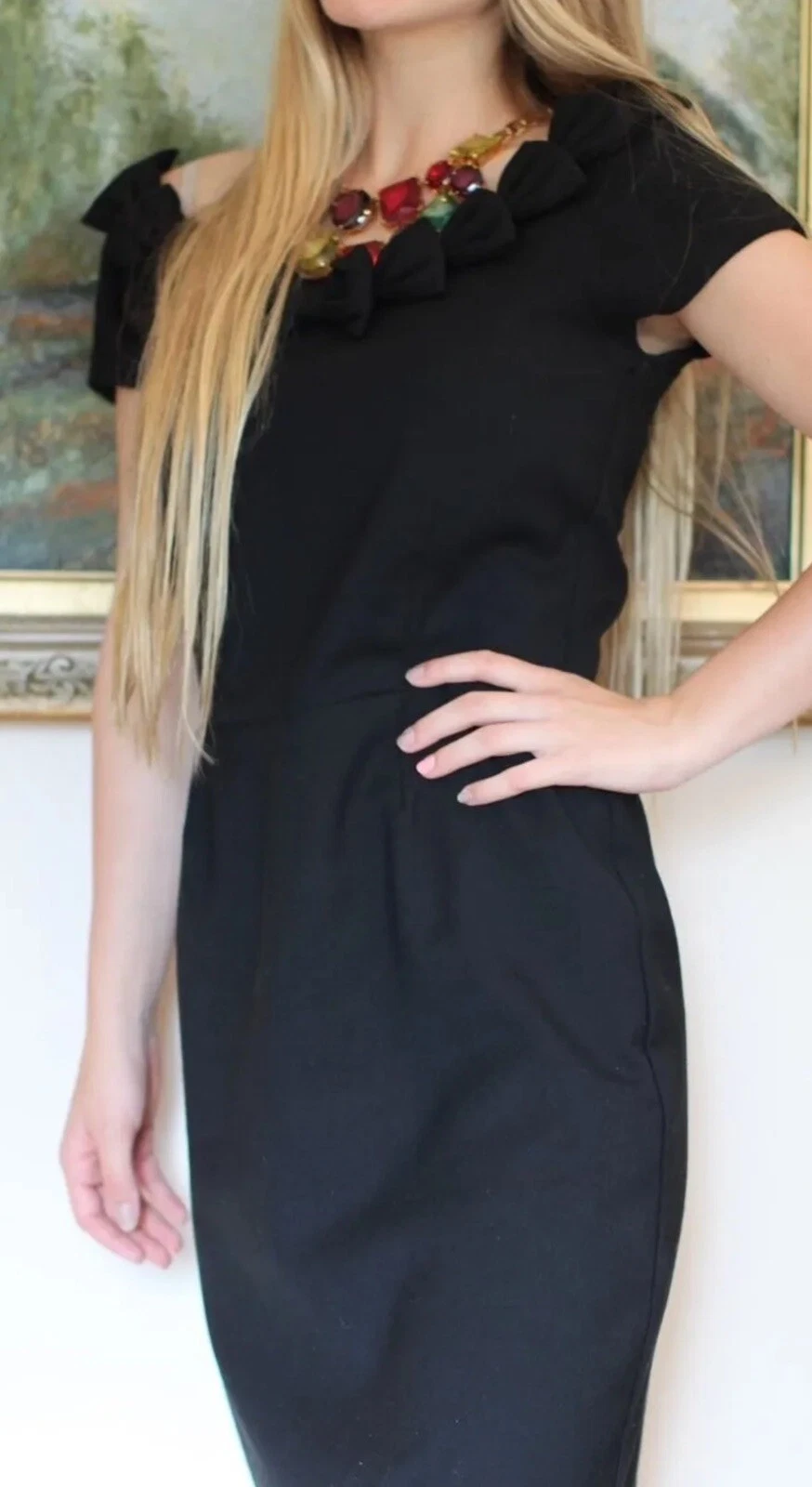 Abito crepe Kate Spade 8 ragazza mini fiocco scollo scollo lusinghiero matita nera