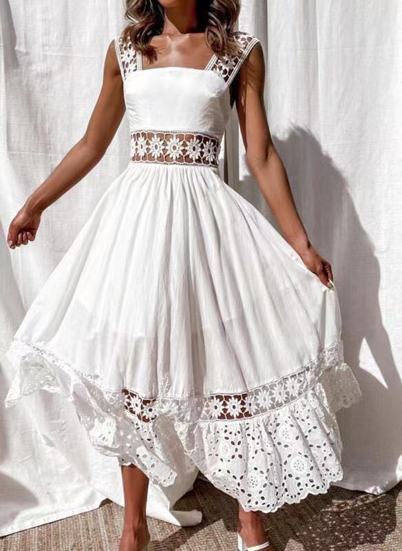 Saashi Retro Casual Long Dress, Short Sleeve Bohemian Beach Holiday Chic Dress for Women