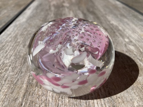 Vintage Clear Glass Paperweight Pink White Swirls Controlled Bubbles Signed Sam - Picture 4 of 12