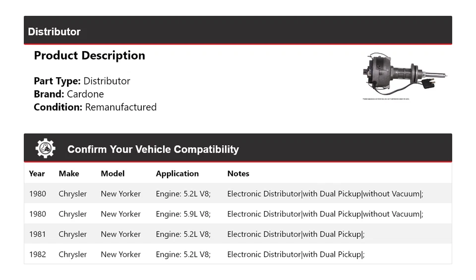 Para Chrysler New Yorker 1980-1982 distribuidor Cardone 1981 Foto 2 de 4