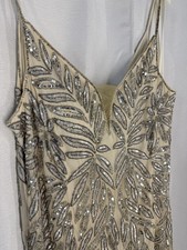 NWT Mac Duggal [ 16 ] 5107 Plunging V Neck Embellished Leaf Gown Nude Silver J29