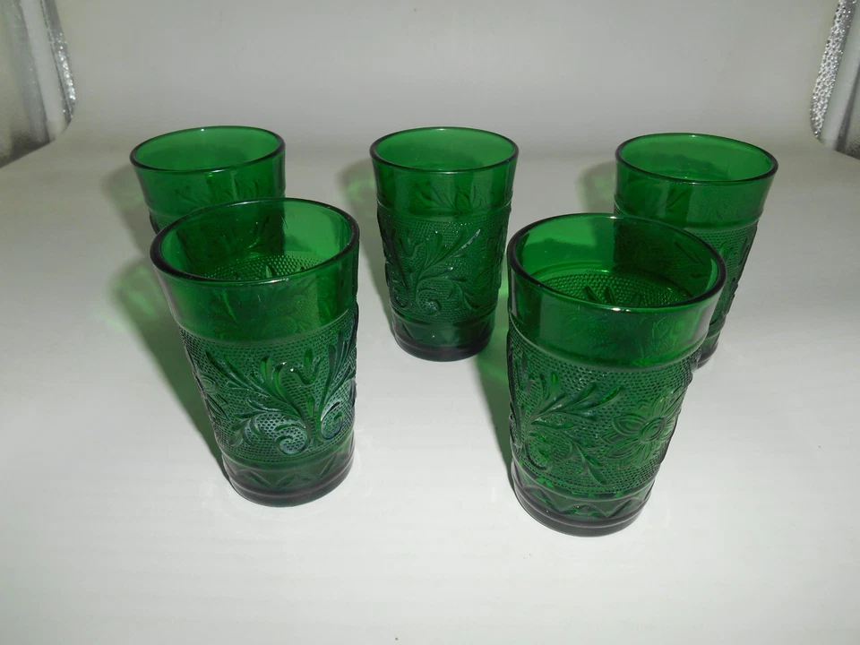 5 Vintage Anchor Hocking Forest Green Sandwich 5 oz. Flat Juice Tumblers - Image 2 of 4