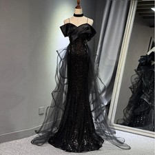 Sequin Mermaid Evening Gown Bow Detail Ruffled Tulle Train Formal Prom Dress