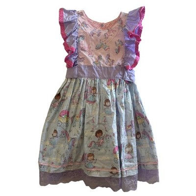 Handmade Girls Princess Unicorn Ruffle Dress Purple Pink Blue Lace Pockets Sz 6