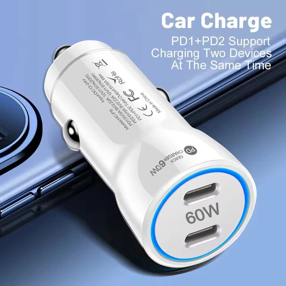 Mini Cargador de Coche Doble USB-C Carga Rápida 60W para iPhone 17 16 15 14 Pro Max Foto 4 de 4