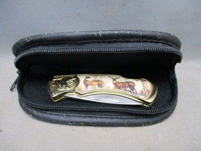 Franklin Mint Deer Wildlife Collector Folding Pocket Knife Locking w/ Case