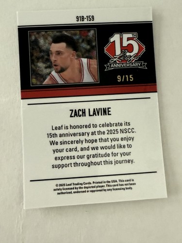 ZACH LAVINE 2025 Leaf 15th National NSCC Anniversary 1991 #91B-159 #'d 9/15 - Picture 2 of 3