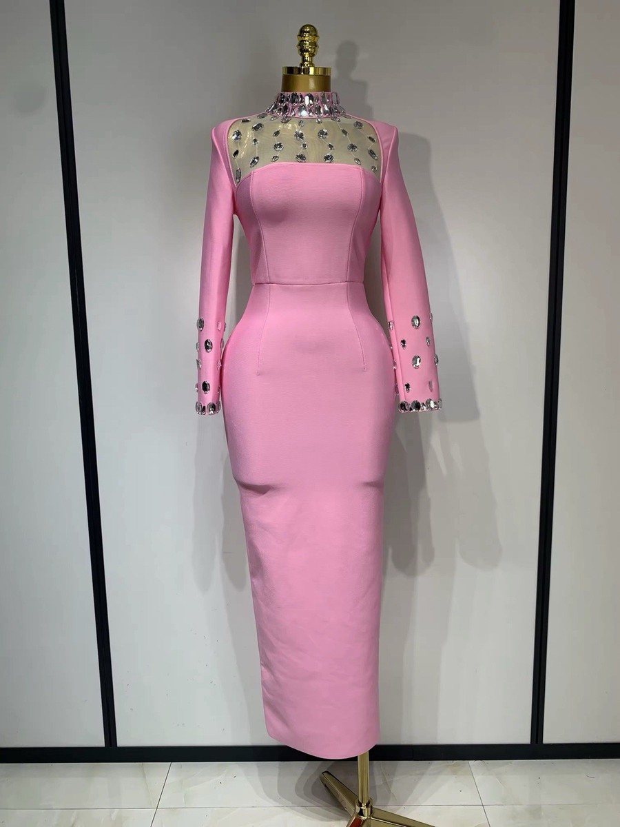 Luxury Birthday Dresses Diamond Long Sleeve Pink Bodycon Bandage Dress |  eBay UK