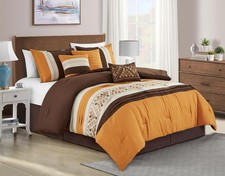 Maple 7-Piece Orange Brown Geometric Embroidery Pleated Striped Comforter Beddin