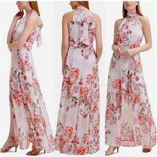 Eliza J Dress Womens Size 2 Pink Floral Halter Maxi Bow Back Chiffon Gown