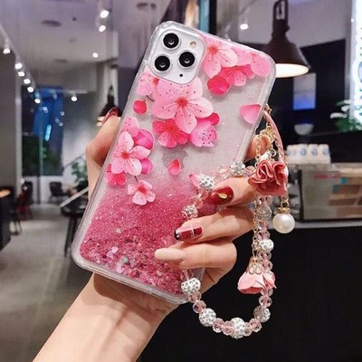 Case For Various Phone Quicksand Liquid Peach Blossom +Flower Bracelet Cover Hot