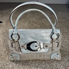 Vintage GUESS Y2K Monogram Satchel Bag Metallic Blue Silver Croc Trim Large G