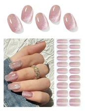 Semi Cured Gel Nail Strips, Nude Cat Eye Gradient 20Pcs UV Gel Nails Sticker, Na