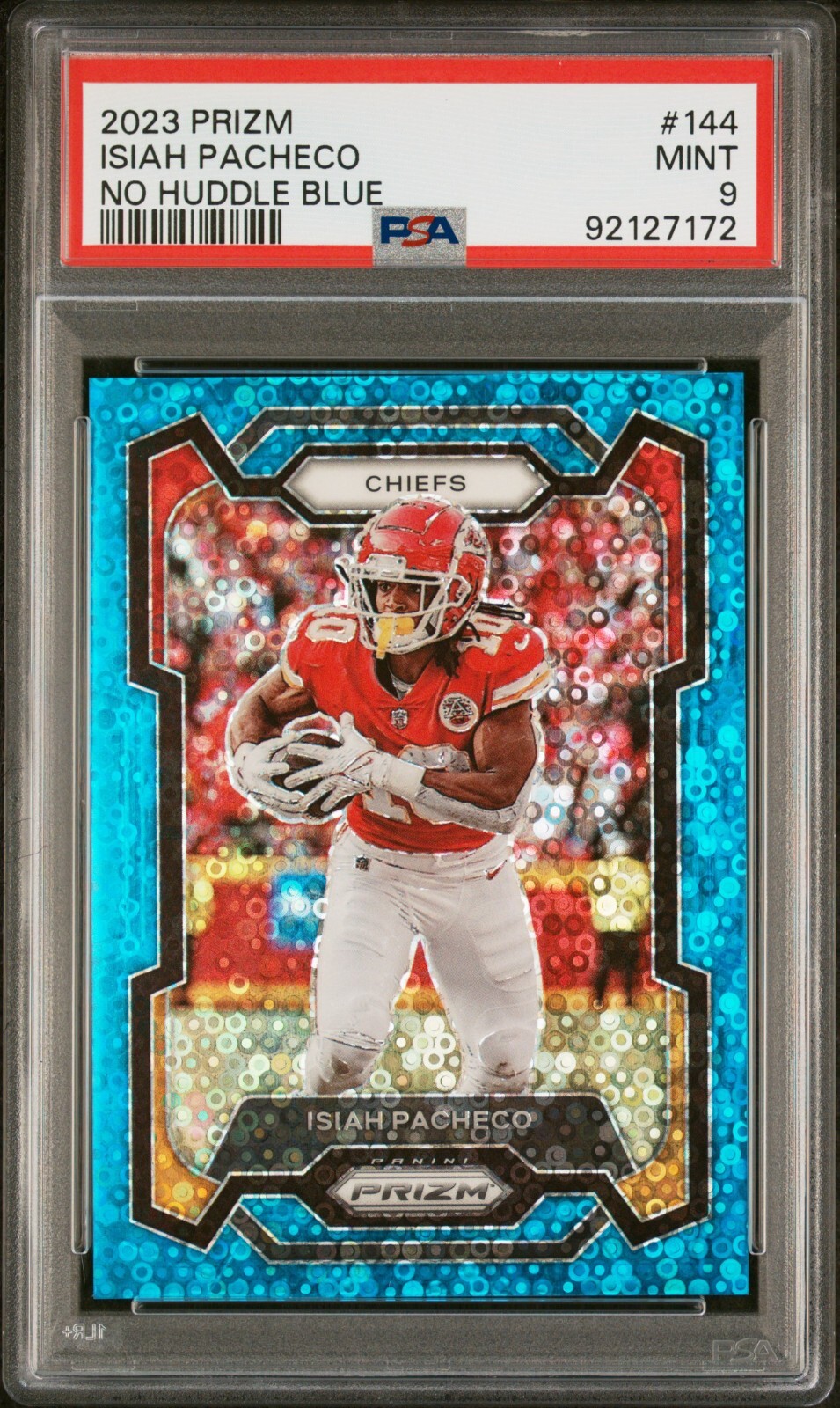 2023 Prizm Isiah Pacheco No Huddle Blue Disco /95 Chiefs PSA 9