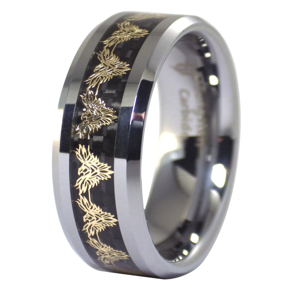 Anillo de tungsteno de fibra de carbono negro Phoenix Firebird dorado talla 5-17 para hombre mujer 8 mm Foto 3 de 4