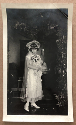 Vintage PHOTO Flapper Girl Wedding Dress Home made Vale Lace Christmas Tree  | eBay
