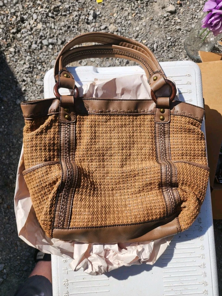 Fossil Purse, Grannycore, Twill Fabric, Tan Color, Leather Shoulder Straps,...