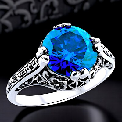 WEDDING ENGAGEMENT CEYLON BLUE SAPPH CZ 925 STERLING SILVER FILIGREE RING  #1195