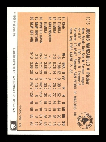 Josias Manzanillo autograph Signed 1990 ProCards #1315 New Britain Red Sox - Picture 2 of 2