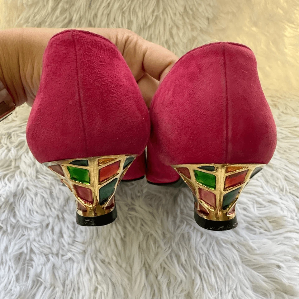 Zapatos de salón Escada de gamuza fucsia tacón bajo multicolor eclécticos años 80 talla 6B vintage Foto 2 de 4