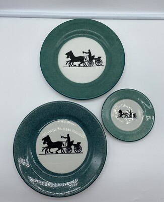 Vintage Shenango Restaurant Dinner & Bread Plates Horse & Carriage Green