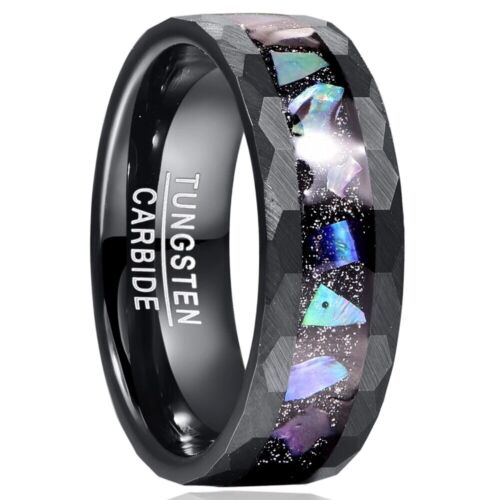 8MM Starry Sky Bottom Abalone Shell Edge Hammered Black Tungsten Carbide Ring - Photo 1/4