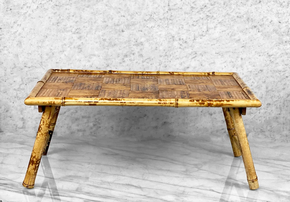 Vintage Boho Coastal Rattan Folding Bamboo TV Stand Plant Table - Image 2 of 4
