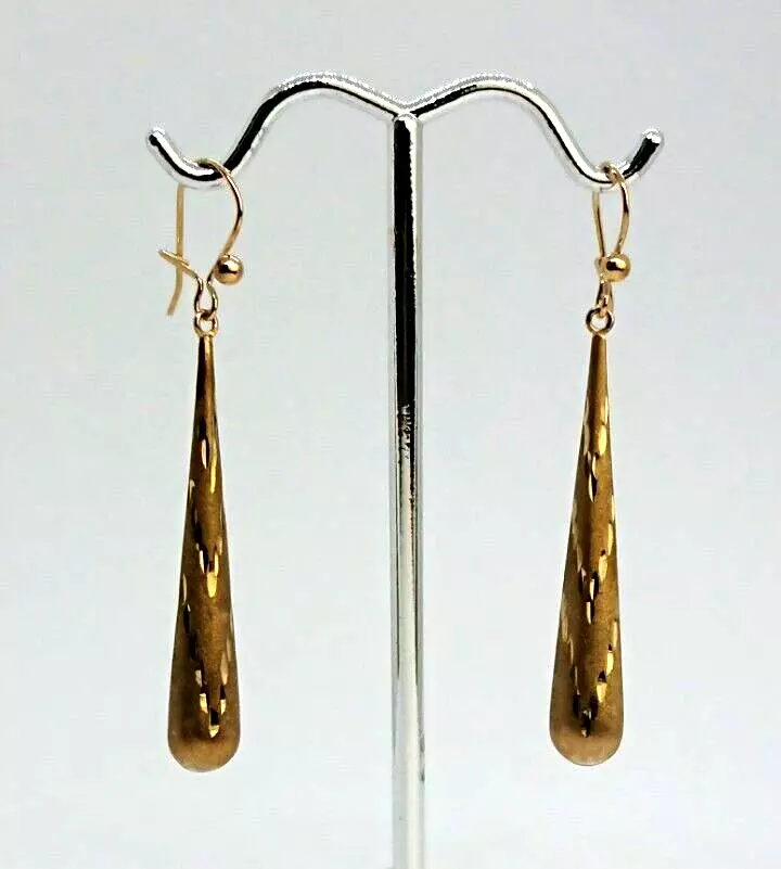 9ct Yellow Gold Patterned Long Drop Earrings Statement Long Teardrop Earrings