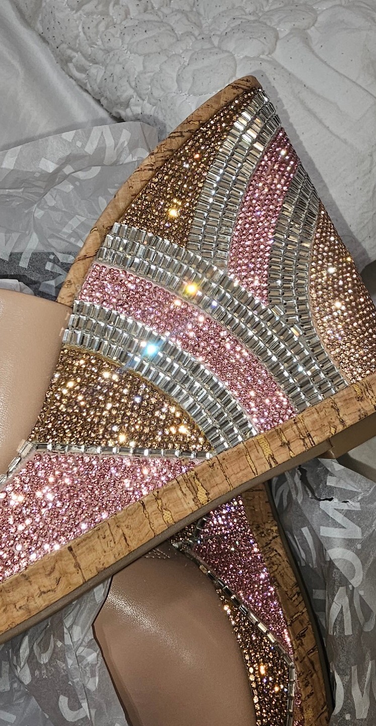 Sparkling Crystal Blush Wedge Sandals for Women - Size 11 (42.4) in Pink, Gold & Silver-image