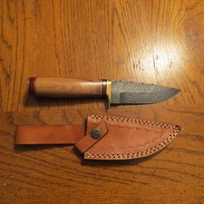 Large Damascus Bowie knife w/beautiful blonde wood leather sheath hand made