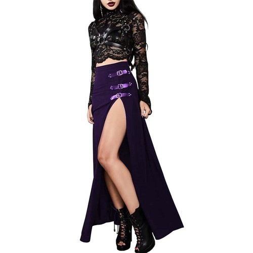 Mujeres Vestido Largo con Correas Faldas Divididas Laterales Gótico Negro Punk Remaches Hebilla Fiesta - Imagen 1 de 16