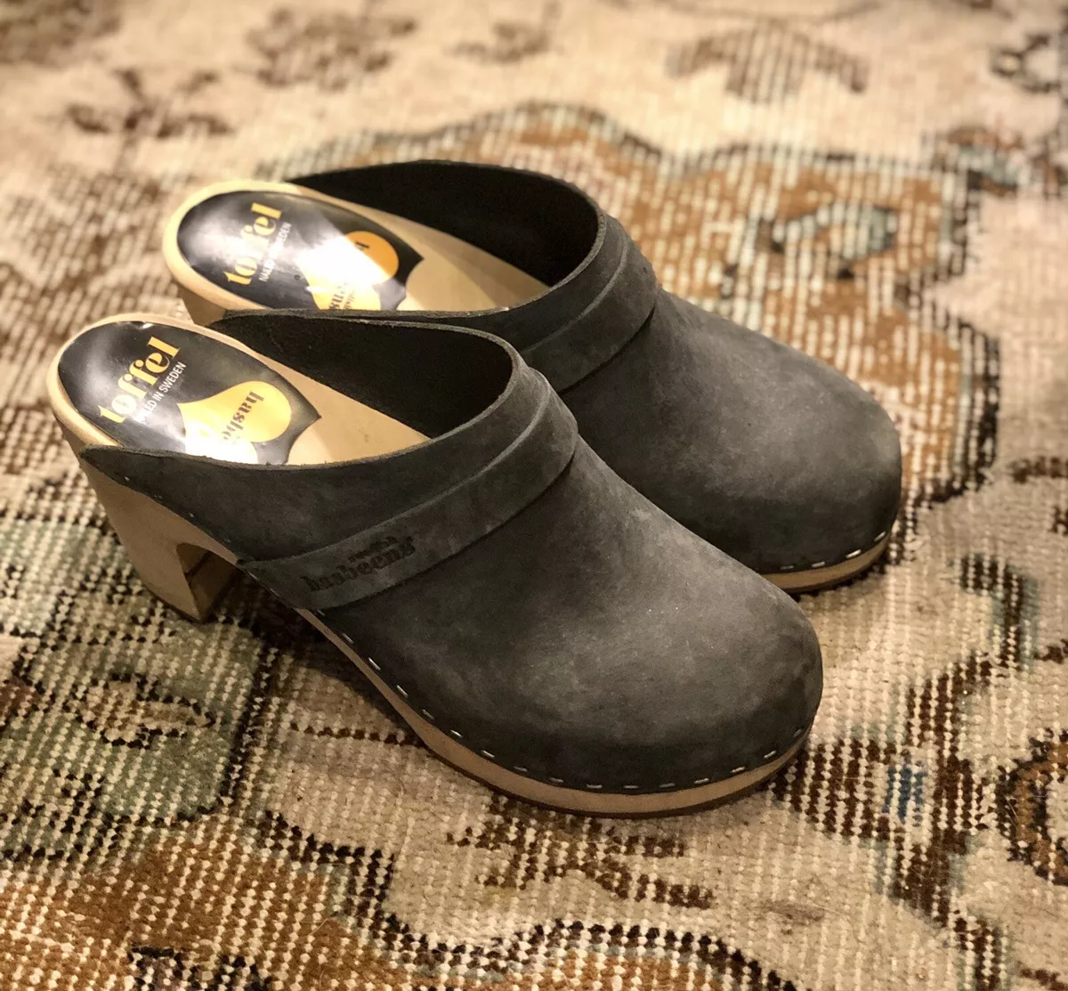 Swedish Hasbeens Blue Navy Leather Clogs Mules Slip ons Size 7 37