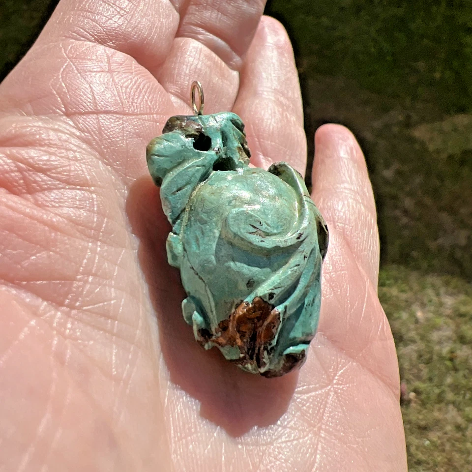 ANTIGUO COLGANTE VINTAGE TALLADO TURQUESA SIN TEÑIR ORO 14K44mm 14g Foto 4 de 4