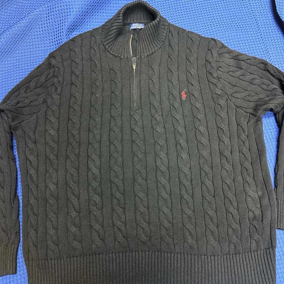 Polo Ralph Lauren 粗线针织毛衣男式 4XB 黑色 1/4 拉链红色小马 — 第 4/4 张图片