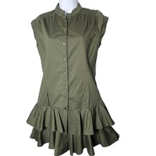Shasa Made In USA Mini Dress Womens S Olive Button Front Ruffle Hem Cotton
