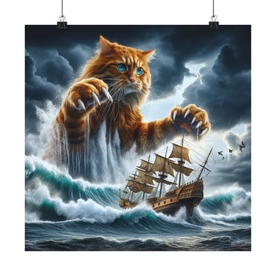 New Wall Art Poster Kraken Cat Attacking Ship Ocean Fantasy Cute Funny
