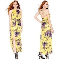 VTG y2k 2010s Guess Yellow Japanese Watercolor Tiger halter maxi Dress Floral M