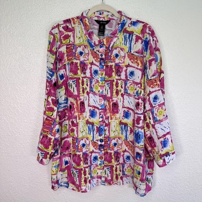 Ali Miles Top Womens 2X Abstract Floral Tunic Button Front Collared Blouse Artsy