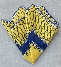 Vintage Yellow Blue Modern Abstract Handkerchief /Pocket Square Hand Rolled 15"