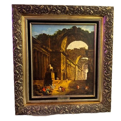 MCM Gold Gilt Wood Frame W Velvet Trim Lithograph ''The Fountains  Hubert Robert