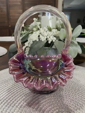 fenton plum opalescent inverted strawberry basket.  signed by george fenton