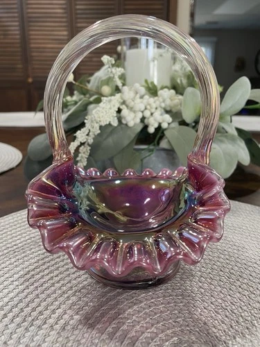 fenton plum opalescent inverted strawberry basket.  signed by george fenton