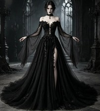 Gothic Black Wedding Dresses Off Shoulder High Slit Lace Appliques Bridal Gowns