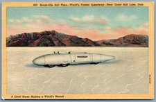 Vintage Bonneville Salt Flats Linen Postcard World's Fastest Speedway Utah racer