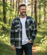 Boston traders MensThick flannel jacket Sherpa Butto Plaid L GreenBlue Lagenlook